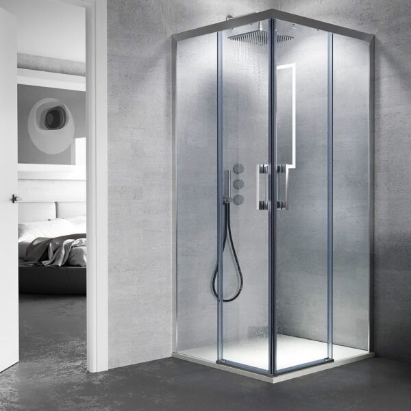 Mampara de ducha SLIM frontal 1 fijo - 1 puerta corredera 167 cm NEGRO - Mampara de ducha FLARE cuadrada 2 fijos - 2 puertas correderas 90 cm x 90 cm CROMO BRILLO