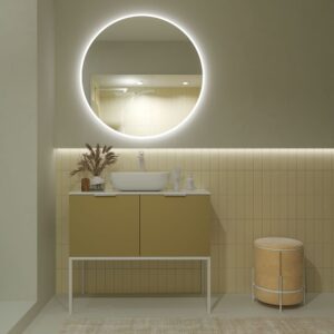 Mueble Ella de 70 cm color Mustard ral 1021 . Con pata y encimera blanca .  Lavabo sobre encimera satet blanco - Angelo 110 ancho por 100 alto  espejo aumento led y antivaho con luz neutra -Karen de 60 ancho x 80alto canto redondeado