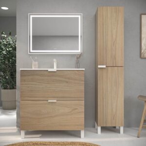 Mueble de baño LUXOR 2 cajones acabado ROBLE ULLOA  patas negro / tirador negro  80 cm  - Lavabo blanco sin agujero griferia 80 cm