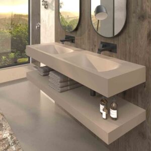 Plato de ducha CLOE 80x130 beige ral 1001 -  Lavabo LIDO 150 cm 2 senos  beige ral 1001 - valvula click clack beige ral 1001 ( 2 uds ) - sifón negro ( 2 uds )