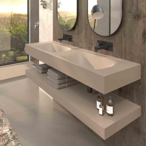 Plato de ducha CLOE 80x130 beige ral 1001 -  Lavabo LIDO 150 cm 2 senos  beige ral 1001 - valvula click clack beige ral 1001 ( 2 uds ) - sifón negro ( 2 uds )