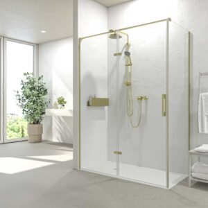 Mampara de ducha SILEX 1 fijo + 1 puerta abatible 100 cm x 70 cm parte murete ( según medidas )  ORO MATE