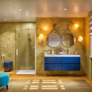 Mueble de baño CARMEN  60 cm suspendido 2 cajones AZUL COBALTO  encimera blanco mate - Columna suspendida 2 puertas 185x35x25 AZUL COBALTO - Toallero mueble NEGRO - Espejo ORBIS 60 cm con antivaho - Espejo aumento LED - Valvula click clack NEGRO