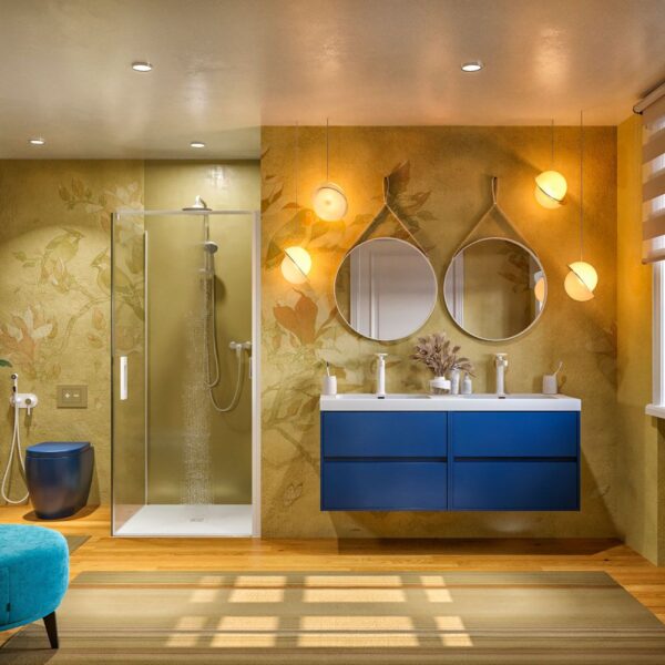 Mueble de baño CARMEN  60 cm suspendido 2 cajones AZUL COBALTO  encimera blanco mate - Columna suspendida 2 puertas 185x35x25 AZUL COBALTO - Toallero mueble NEGRO - Espejo ORBIS 60 cm con antivaho - Espejo aumento LED - Valvula click clack NEGRO