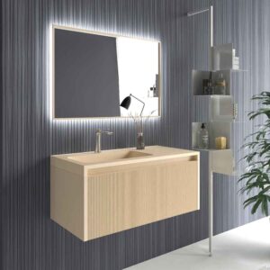 Mueble NORMA 70 cm  Ral 7023 con encimera SOLID SURFACE lavabo Osiris sin agujero griferia  blanco -  Mueble de baño BINARIO 1 cajón 80 cm Ral 1024  con encimera SOLID SURFACE sin agujero griferia blanco