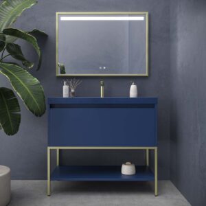 Mueble de baño ELLEN 80cm AZUL MARINO con patas ORO MATE -  Tapa SOLID SURFACE AZUL MARINO