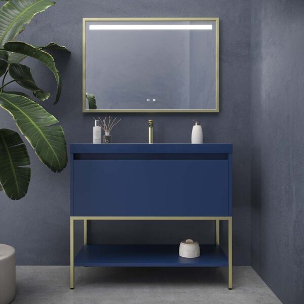 Mueble de baño ELLEN 80cm AZUL MARINO con patas ORO MATE -  Tapa SOLID SURFACE AZUL MARINO