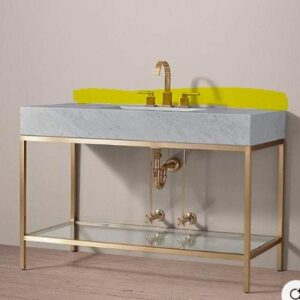 Mueble de baño industrial 120 cm con patas COBRE con lavabo HEBE 120 cm blanco altura 90 cm con regleta trasera 6 cm- Grifo lavabo cobre  - Valvula click-clack cobre - Sifón cobre - Columna ducha monomando cobre