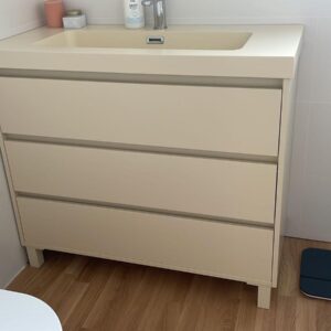 Mueble de baño CARMEN 3 cajones 80 cm Verde Ral 6000 patas negro - Toallero lateral negro - Lavabo resina blanco mate - Valvula click clack blanco mate -Mueble de baño CARMEN 3 cajones 80 cm Rosa Ral 3015 mas claro  patas negro - Toallero lateral negro - Lavabo resina blanco mate - Valvula click clack negro