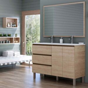 Mueble de baño MANILA 120 cm con patas 3 cajones/ 2 puertas acabado CAMBRI - Lavabo porcelana derecha -  Columna con patas 185x35x30 acabado CAMBRIO -  Toallero cromo  - Espejo GALA 120x80  ( Pago del 50 % )