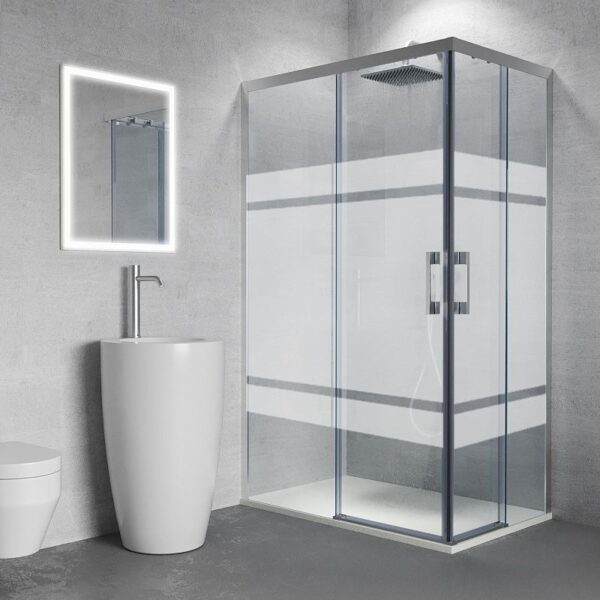 Mampara de ducha FLARE rectangular 2 fijos - 2 puertas 110x70  frontal con serigrafia DARO lateral transparente
