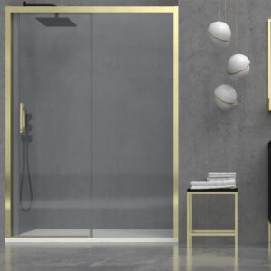 Mampara de ducha SINTESIS frontal 1 puerta plegable 78 cm ORO MATE - Mampara de ducha FLARE frontal 1 fijo - 1 puerta corredera 106 cm ORO MATE - Instalación incluida