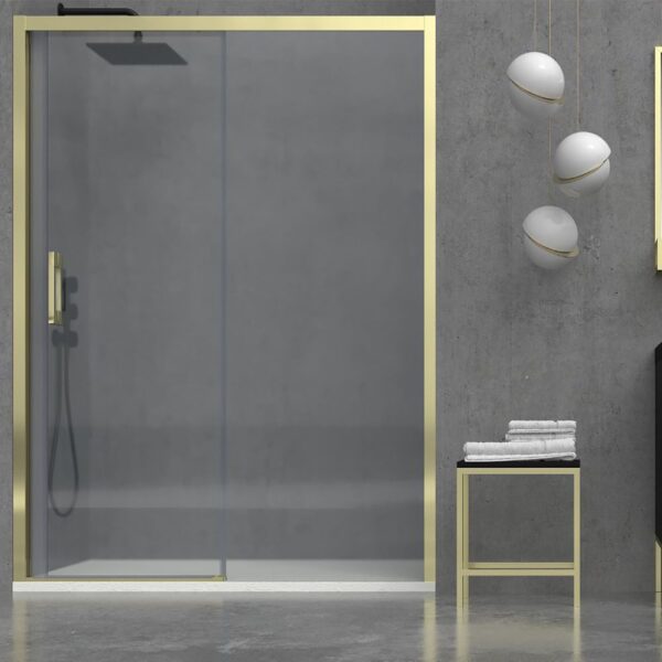 Mampara de ducha SINTESIS frontal 1 puerta plegable 78 cm ORO MATE - Mampara de ducha FLARE frontal 1 fijo - 1 puerta corredera 106 cm ORO MATE - Instalación incluida