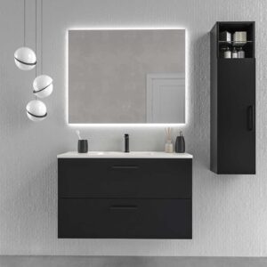 Mueble de baño suspendido NEXO 70 cm NEGRO  tirador negro - Lavabo 70 cm blanco mate / Mueble de baño BREMA  4 cajones 160 cm fondo 40 cm  NEGRO tirador negro  - Encimera 2 senos  solid surface blanco  distancia entre grifos 80-82  / Mueble de baño BINARIO  3 cajones 120 cm TOPO - Encimera solid surface blanco 1 seno