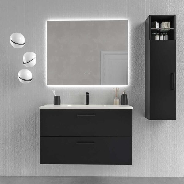 Mueble de baño suspendido NEXO 70 cm NEGRO  tirador negro - Lavabo 70 cm blanco mate / Mueble de baño BREMA  4 cajones 160 cm fondo 40 cm  NEGRO tirador negro  - Encimera 2 senos  solid surface blanco  distancia entre grifos 80-82  / Mueble de baño BINARIO  3 cajones 120 cm TOPO - Encimera solid surface blanco 1 seno