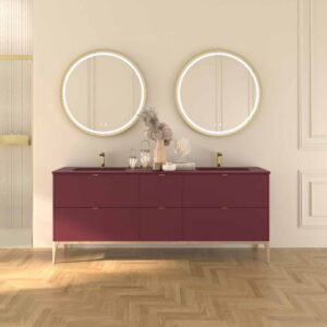 Mueble de baño VICENT 180 cm rojo frambuesa Ral 3027  patas mismo color  - Encimera SOLID SURFACE 2 senos rojo frambuesa Ral 3027 - Grifo Dinamarca ORO ( 2 uds ) - Espejo liso 180x100 sin luz