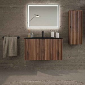 Mueble de baño FUSE 3 cajones 140 cm ( 55 cm +30 cm + 55 cm ) Gris azulado - Encimera FUSE 2 senos blanco  agujero griferia / Mueble de baño MILO suspendido 1 cajón 97 cm OLMO  tirador negro - Tapa olmo con lavabo OSIRIS negro sobre encimera