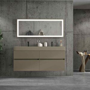 Mueble de baño DUNE suspendido 140 cm 4 cajones BLANCO ( cajones izquierda ambos con salvasifón ) - Encimera SOLID SURFACE 1 seno izquierda grosor 10 cm  BLANCO con agujero griferia - Espejo CIRCLE 100 cm luz fria , antivaho, doble touch