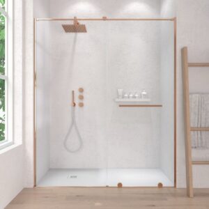 Mampara de ducha VERONA frontal 1 fijo - 1puerta corredera 190,7 cm vidrio parsol bronce Altura especial 210 cm  COBRE MATE - Mampara de ducha OPEN 1 puerta abatible 79,1cm vidrio parsol  bronce Altura especial 210 cm COBRE MATE