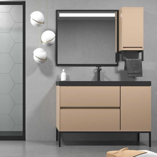 Mueble de baño EVO 120 cm 2 cajones / 1 puerta MOKA con patas negras - Lavabo resina 120 cm negro - Columna 4 puertas MOKA con patas negras