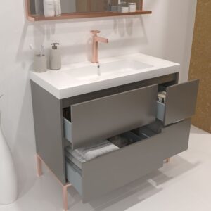 Mueble de baño EVO  90 cm 4 cajones  suspendido  CREMA  1013 - Lavabo resina  a izquierda  90 cm  CREMA 1013 -  Encimera suspendida 1 seno 72 cm x 30 cm agujero griferia izda  MOKA 1019. - Modulo cajón  72 cm x 30 cm con tapa MOKA 1019