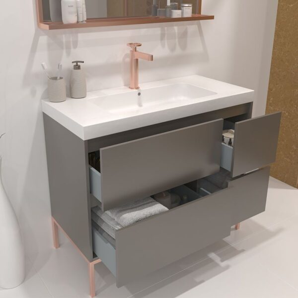 Mueble de baño EVO  90 cm 4 cajones  suspendido  CREMA  1013 - Lavabo resina  a izquierda  90 cm  CREMA 1013 -  Encimera suspendida 1 seno 72 cm x 30 cm agujero griferia izda  MOKA 1019. - Modulo cajón  72 cm x 30 cm con tapa MOKA 1019