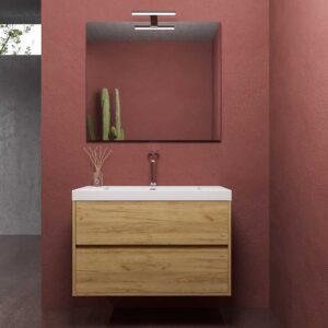 Mueble de baño CARMEN suspendido 2 cajones  estructura grafito / frente roble ulloa tirador uñero 45º negro  - Encimera Solid Surface 100 cm