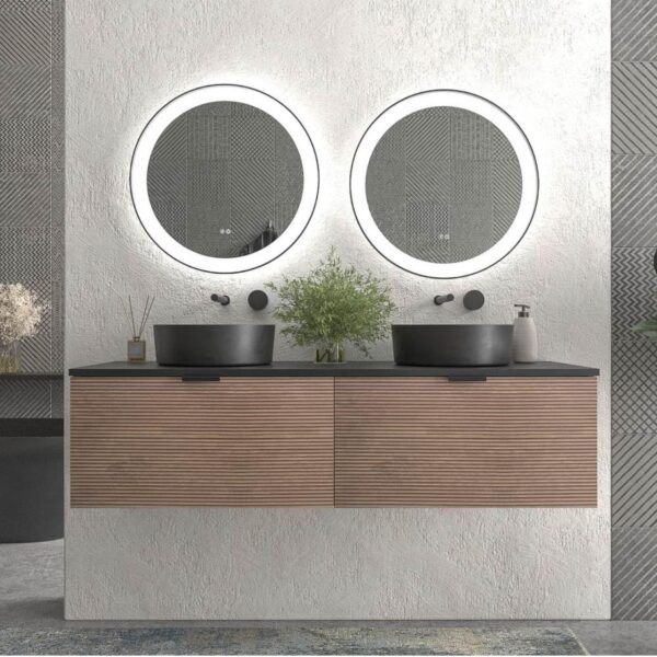 Mueble de baño suspendido 2 cajones 115 cm  SKIN BASTILLA con lavabos porcelana OSIRIS NEGRO con agujero griferia