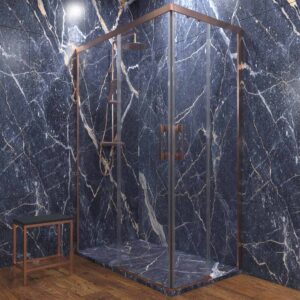 Grifo lavabo monza oro rosa cepillado 2 uds. - Mampara de ducha FLARE 2 fijos - 2 puertas 70x90   acabado cobre 2 uds -Mampara de ducha FLARE 2 fijos - 2 puertas  70x90  acabado negro - Columna ducha Monza oro rosa cepillado con telefonillo roma   2uds. - Valvula click clack oro rosa cepillado ( 2 uds ) - Valvula click clack negro