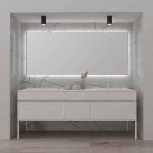 Mueble de baño DUNE 160 cm 6 cajones BLANCO  con patas blanco  ( modulo 60+40+60 ) - Tapa color blanco  sin lavabos con agujeros de griferia / lavabos -