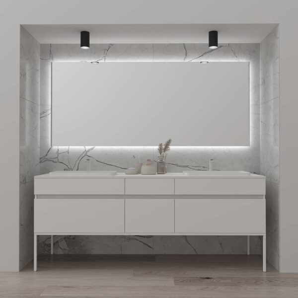 Mueble de baño DUNE 160 cm 6 cajones BLANCO  con patas blanco  ( modulo 60+40+60 ) - Tapa color blanco  sin lavabos con agujeros de griferia / lavabos -