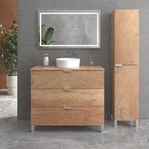 Mueble de baño con patas 3 cajones LUXOR ROBLE ULLOA  80 cm lavabo sobre encimera porcelana BLANCO - Columna auxiliar 4 puertas 177x80x30  ROBLE ULLOA