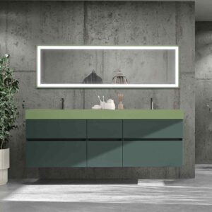 Mueble de baño DUNE 180 cm 6 cajones PERLADO con patas blancas - Lavabo SOLID SURFACE 2 senos con faldón 10 cm  BLANCO