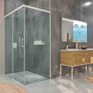 Mampara de ducha BASIC rectangular 2 fijos - 1 puerta corredera 77cm x 138 cm BLANCO MATE con serigrafia DARO