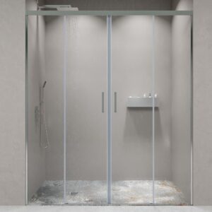 Plato de ducha ONE  70x150  gris cemento - Mampara de ducha BASIC frontal 2 fijos - 2 puertas correderas  155 cm según plano CROMO BRILLO