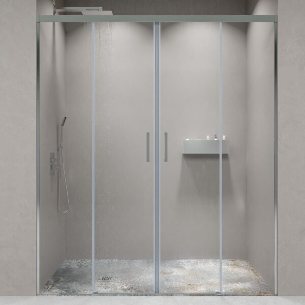 Plato de ducha ONE  70x150  gris cemento - Mampara de ducha BASIC frontal 2 fijos - 2 puertas correderas  155 cm según plano CROMO BRILLO