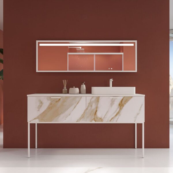 Mueble de baño GRATE 160 cm  con patas 2 cajones acabado mármol CALACATTA GOLD con tapa sin lavabos con agujeros