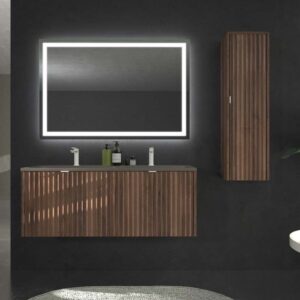 Mueble de baño MILO suspendido 2 cajones 120 cm OLMO  tirador uñero - Encimera 2 lavabos grafito - Grifo GLORY cromo ( 2 uds ) - Valvula click clack cromo ( 2 uds ) - Espejo COVE 50 cm redondo  ( 2 uds )