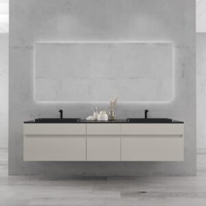 Mueble de baño DUNE suspendido 200 cm 6 cajones CREMA Ral 1013 - Encimera SOLID SURFACE 2 senos encastrados BLANCO  con agujero griferia