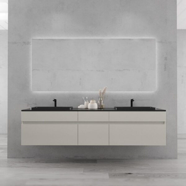 Mueble de baño DUNE suspendido 200 cm 6 cajones CREMA Ral 1013 - Encimera SOLID SURFACE 2 senos encastrados BLANCO  con agujero griferia
