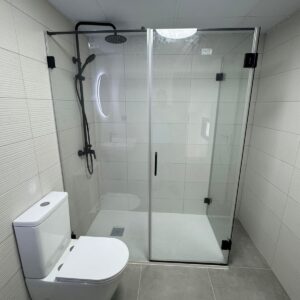 Mampara de ducha 1 fijo + puerta abatible 211 cm bisagras acero  tirador T447AB ORO CEPILLADO  vidrio 8 mm  con instalación ( 50 % )