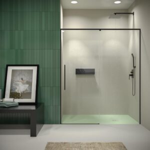 Plato de ducha PLASTER 160x70  crema  - Mampara de ducha PETRA frontal 1 fijo - 1 puerta corredera 160 cm NEGRO