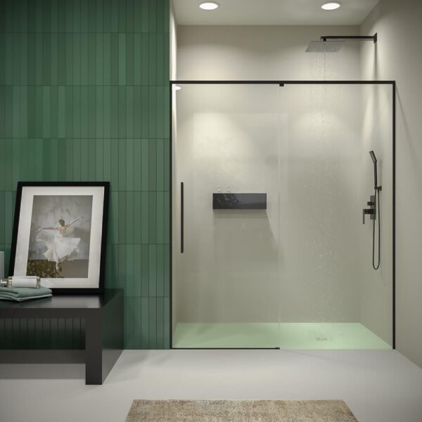 Plato de ducha PLASTER 160x70  crema  - Mampara de ducha PETRA frontal 1 fijo - 1 puerta corredera 160 cm NEGRO