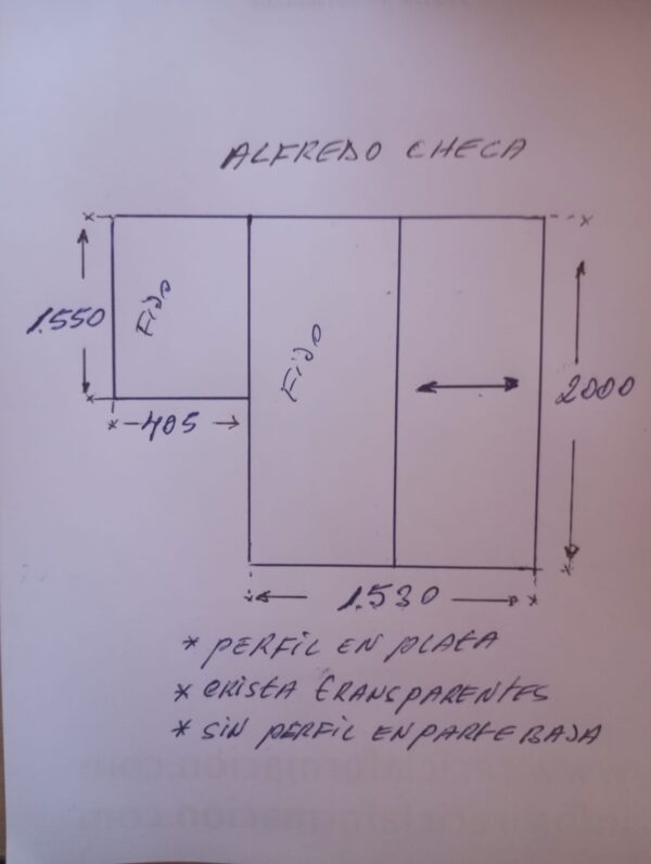 Mampara de ducha FLARE  según plano   153 cm 1 fijo + 1 puerta - Fijo 40,5 cm  CROMO BRILLO