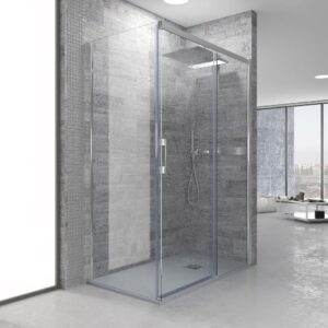 Mampara de ducha FLARE rectangular 2 fijos - 1 puerta  147 cm x 77,5 cm CROMO BRILLO con instalación
