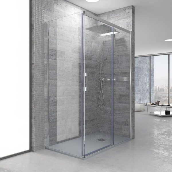 Mampara de ducha FLARE rectangular 2 fijos - 1 puerta  147 cm x 77,5 cm CROMO BRILLO con instalación