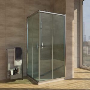 Plato de ducha ONE  80 cm x 80 cm  blanco -   Mampara de ducha cuadrado 2 fijos - 2 puertas correderas 80 cm x 80 cm CROMO BRILLO