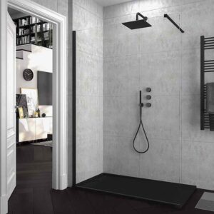 Lavabo suspendido SOLID SURFACE Cute 80 cm x 40 cm  blanco -  Fijo de ducha ZEN 90 cm  negro