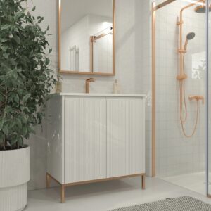 Mueble de baño BLANCA 60 cm 2 puertas  BLANCO fondo especial 36 cm patas acero cepillado- Tapa SOLID SURFACE blanco con agujero griferia según plano ( lavabo cliente)