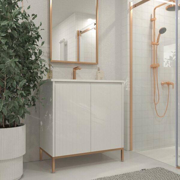 Mueble de baño BLANCA 60 cm 2 puertas  BLANCO fondo especial 36 cm patas acero cepillado- Tapa SOLID SURFACE blanco con agujero griferia según plano ( lavabo cliente)